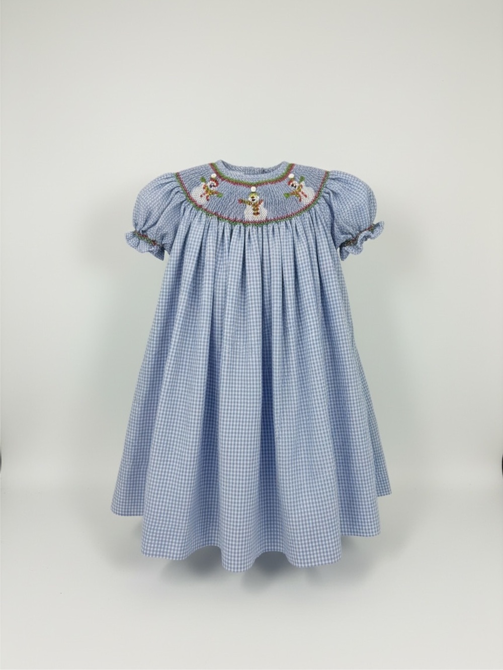 Classy Couture Classic Blue Gingham Smocked Kids Dress Snowmen 9 mo